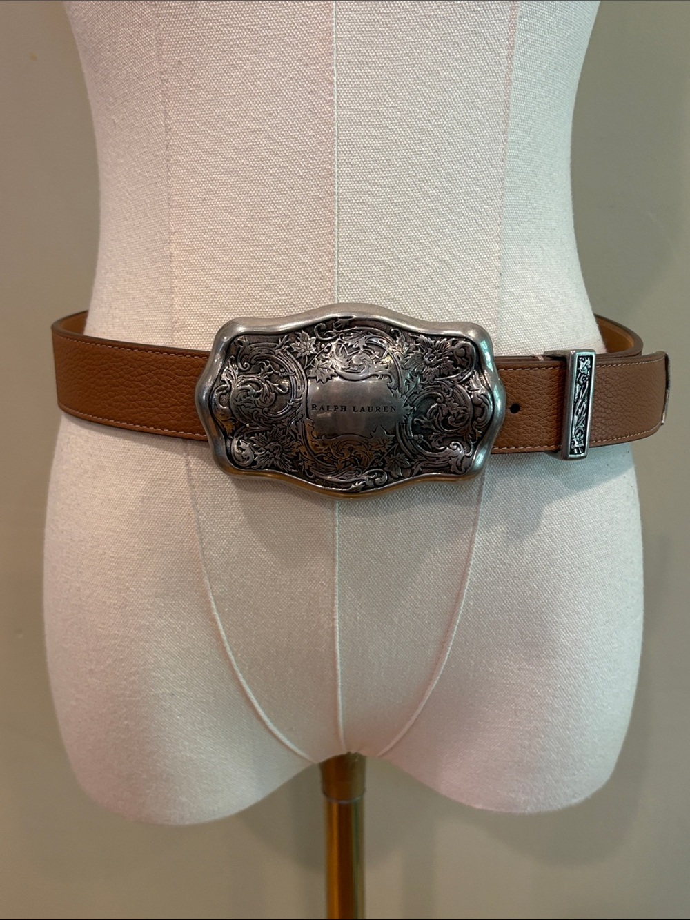 Ralph Lauren Collection Tooled-Buckle Pebbled Calfskin Western Belt SP-25 Small